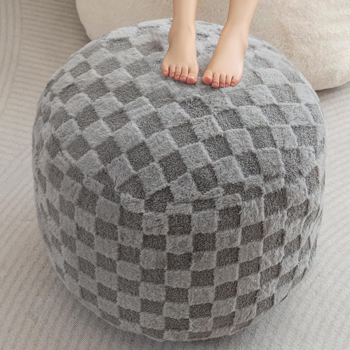 Round Stuffed Pouf Ottoman, Corduroy Poufs with Foam Chunk Filling, Furry and Fluffy Pouf Foot Stool Storage Ottoman, 20 X 15 Floor Poufs Foot Rest for Living Room, Dark Grey