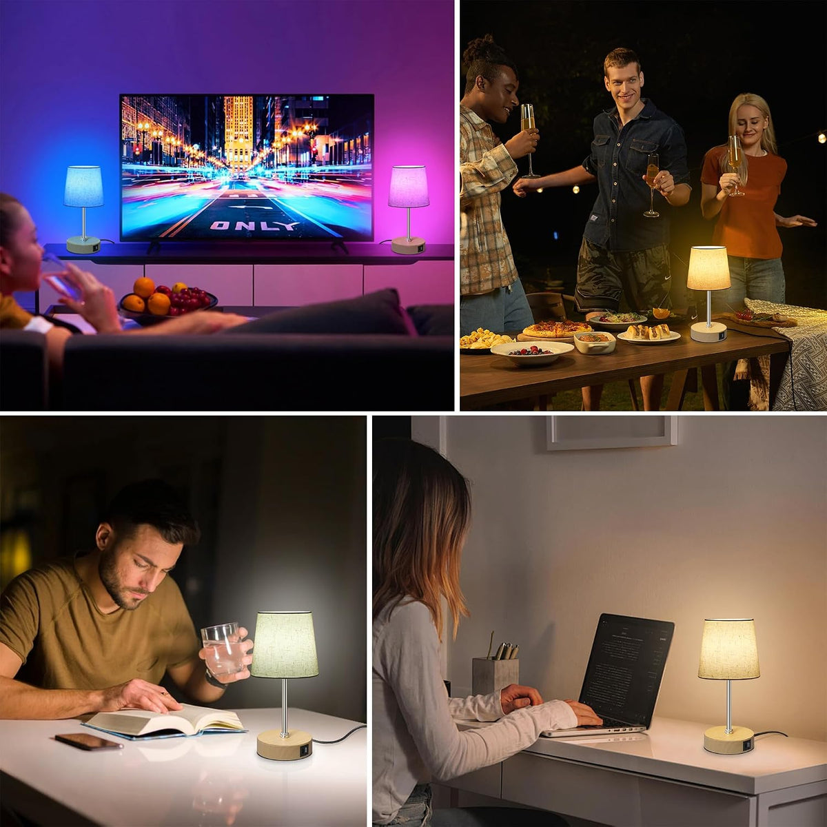 Ascher Small Bedside Table lamp, RGB Color Changing Lamps, 3 Color Temperatures, Dimmable Nightstand Lamp with USB C+A Ports, Touch Desk Lamp for Bedroom Living Room, H11.4in(Flaxen Shade)