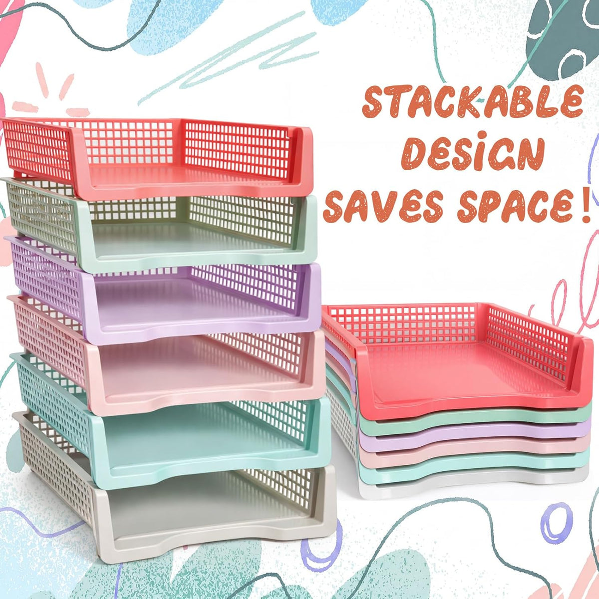 Tenceur 6 Pcs Turn in Trays Classroom, Pastel Paper Tray for Classroom Organization and Storage Stackable Plastic Book Baskets Teacher Organizers for Library Drawers Office Desk