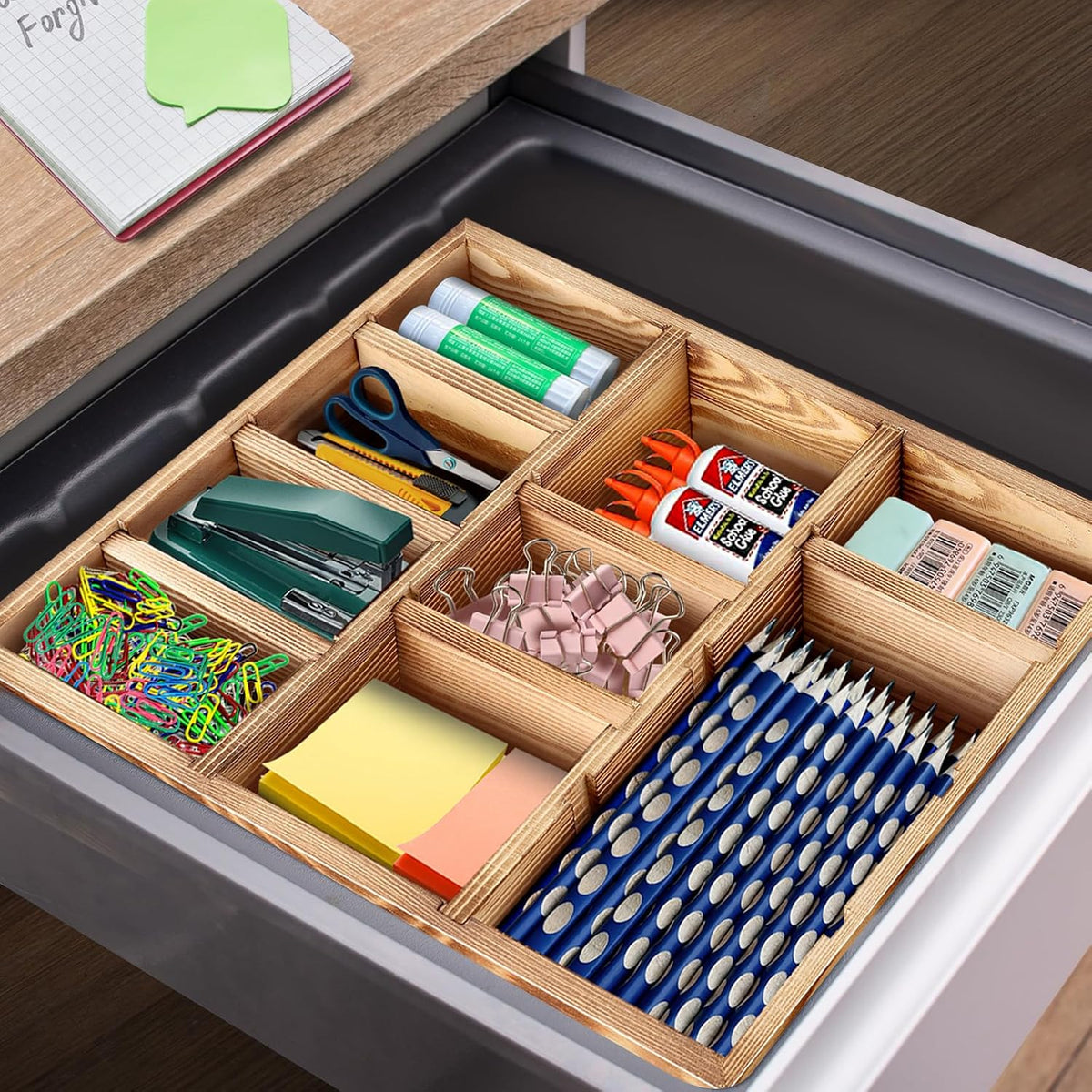 Wooden Desk Drawer Organizer, 9-Slot Office Organization and Storage Box, Adjustable Natural Wood Desktop Tray for Pens, Sticky Notes, and Small Accessories, Aesthetic Home Office Decor (12 x 9 In)