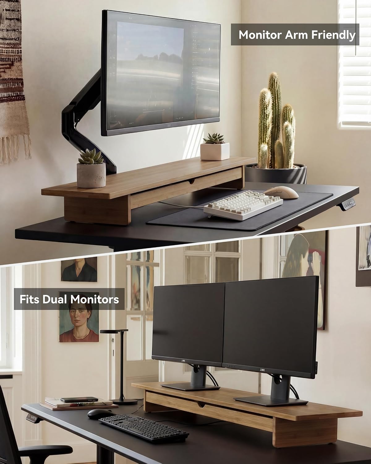 Bamboo Monitor Stand with Large Storage Drawer,23 Inch Ergonomic Computer Riser for Desk, Holds Up to 220lbs, Screen Shelf with 5 Compartments for Keyboard & Stationery Organization