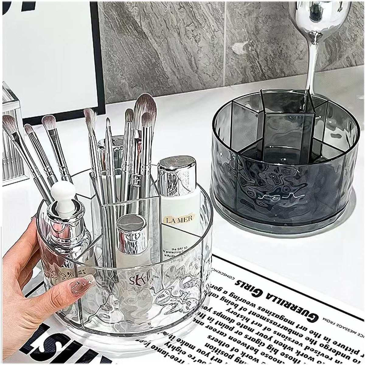 Rotating Pencil Holder, Desk Organizer with Multi-Compartment Design-Stylish, Functional Storage Solution for Home Offices, Classroom, Art Supplies Storage (Transparent white)