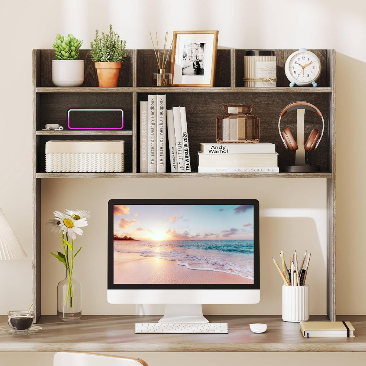 Desktop Bookshelf, Countertop Storage Hutch with 5 Shelves for Computer Desk, Desk 3-Tier Display Rack, Multipurpose Wood Desktop Hutch Storage Organizer for Dorm Office Home