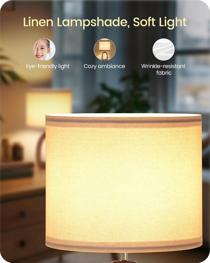 Small Table Lamp, 14.2" Cute Little Desk Lamp, Wood Bedside Lamp with Linen Lampshade, Modern Nightstand Lamp for Bedroom, E26 Base, Bulb Not Included, Beige and Dark Natural LE07TL05