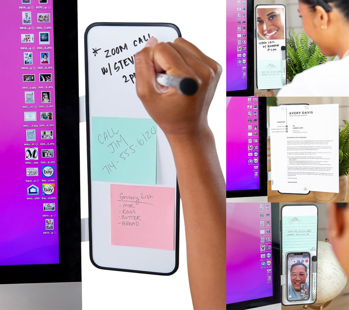 Multi-Use Laptop and Monitor Memo Board; 11.8" x 4.3" Magnetic Whiteboard, White Brackets, Marker, Mirror, and 4 Magnets Included; Document Holder; Small Dry Erase Board; Sticky Note Holder