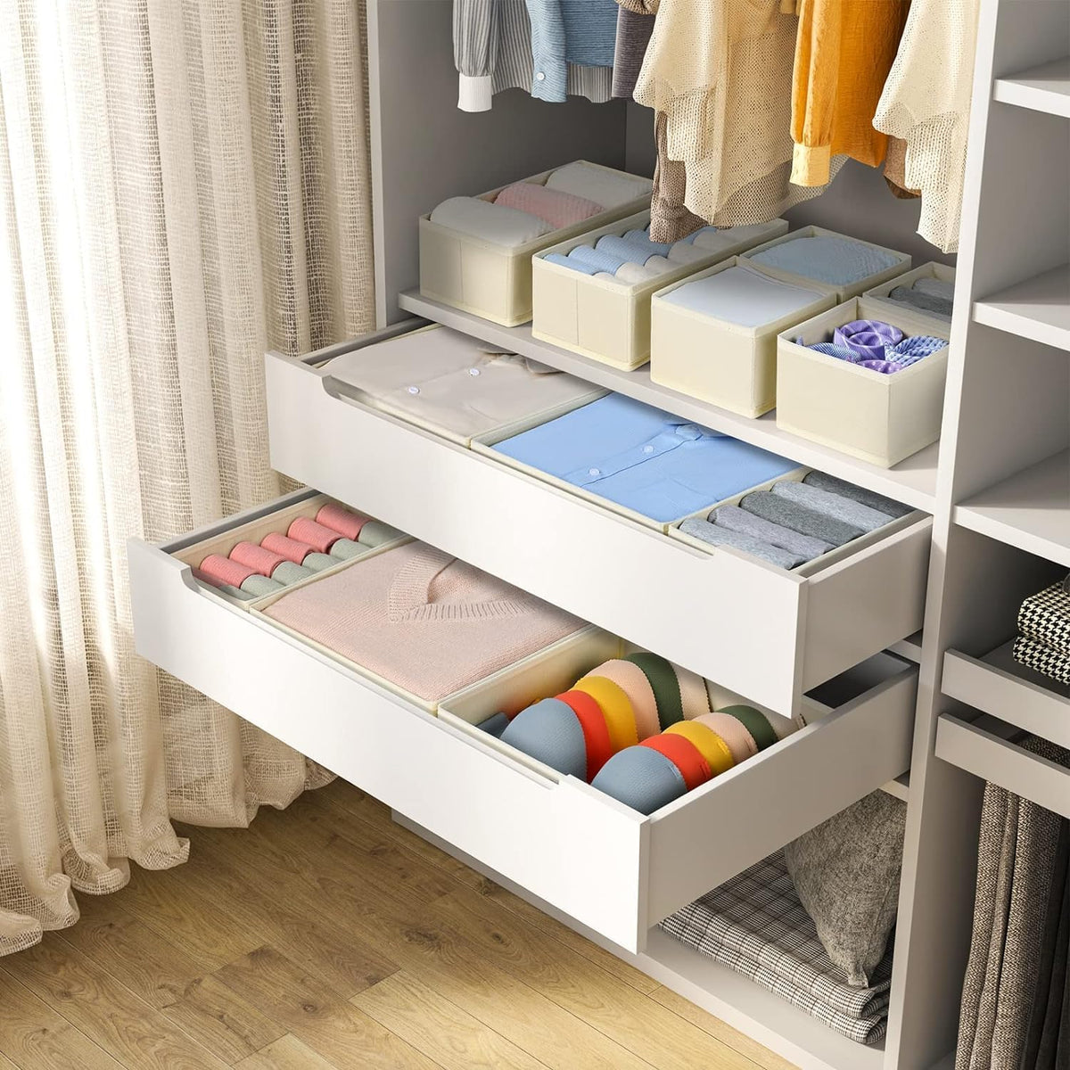 Drawer Organizer Clothes, Dresser Organizer, Foldable Closet Organizers and Storage, Fabric Dresser Bins, Drawer Dividers for Nursery, Baby Clothes, Underwears, Sock (Beige)