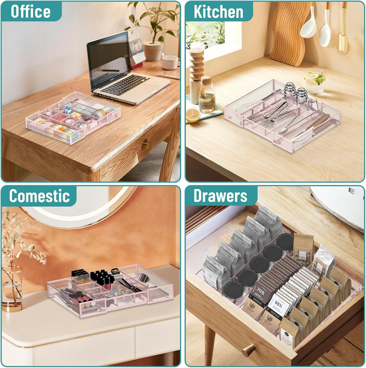 Expandable Desk Drawer Organizer Tray with 10 Adjustable Compartments, Metal Mesh Office Drawer Organizer, Versatile Desk Organizer for Home, School Supplies, Makeup Vanity & Jewelry (Black)