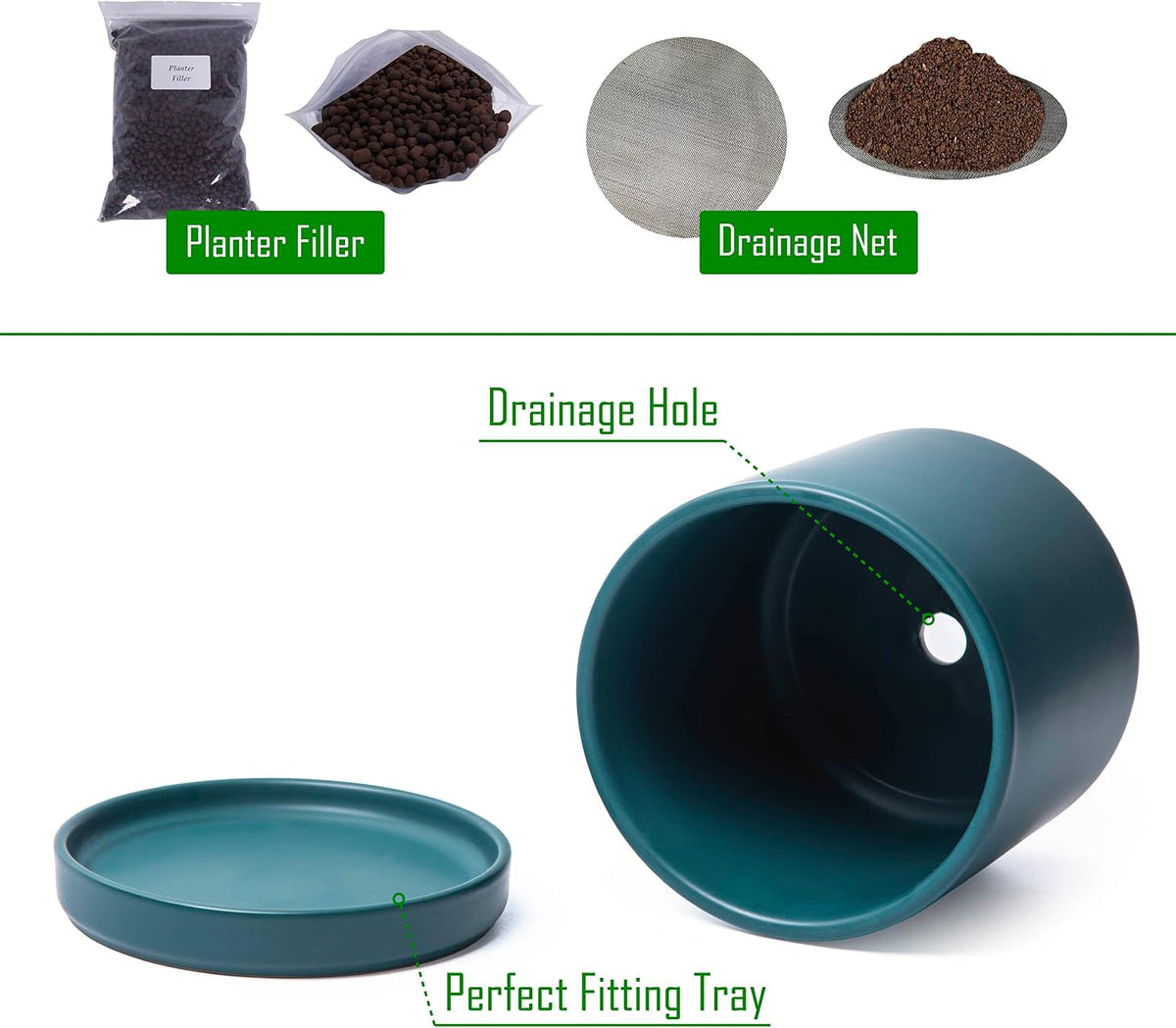 D'vine Dev 4.7 Inch Ceramic Planter Pot with Drainage Hole and Saucer, Indoor Cylinder Round Planter Pot, Teal, 94-O-B-9