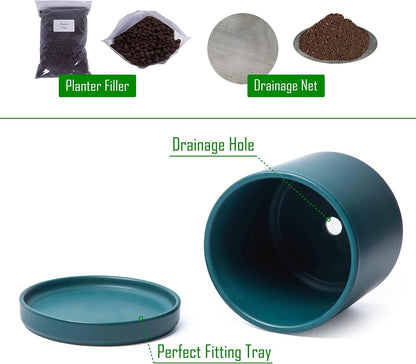 D'vine Dev 4.7 Inch Ceramic Planter Pot with Drainage Hole and Saucer, Indoor Cylinder Round Planter Pot, Teal, 94-O-B-9