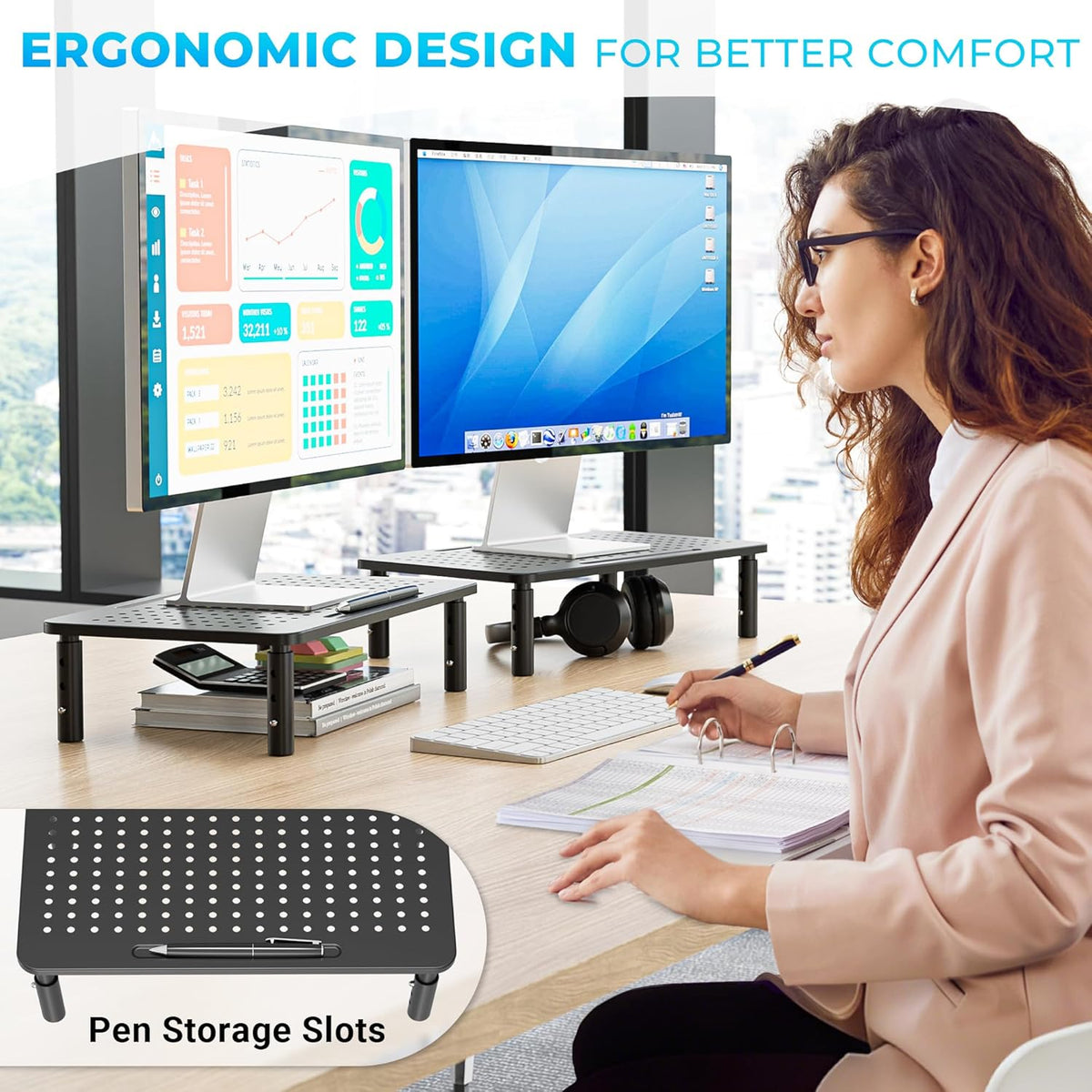 BONTEC Adjustable Monitor Stand Riser with Drawer, Ergonomic Mesh Platform Computer Monitor Stand for Desk, Ventilated Laptop and PC Stand with Cable Management, Supports up to 44lbs