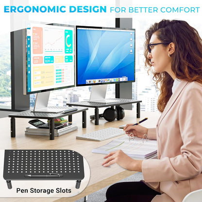 BONTEC Adjustable Monitor Stand Riser with Drawer, Ergonomic Mesh Platform Computer Monitor Stand for Desk, Ventilated Laptop and PC Stand with Cable Management, Supports up to 44lbs