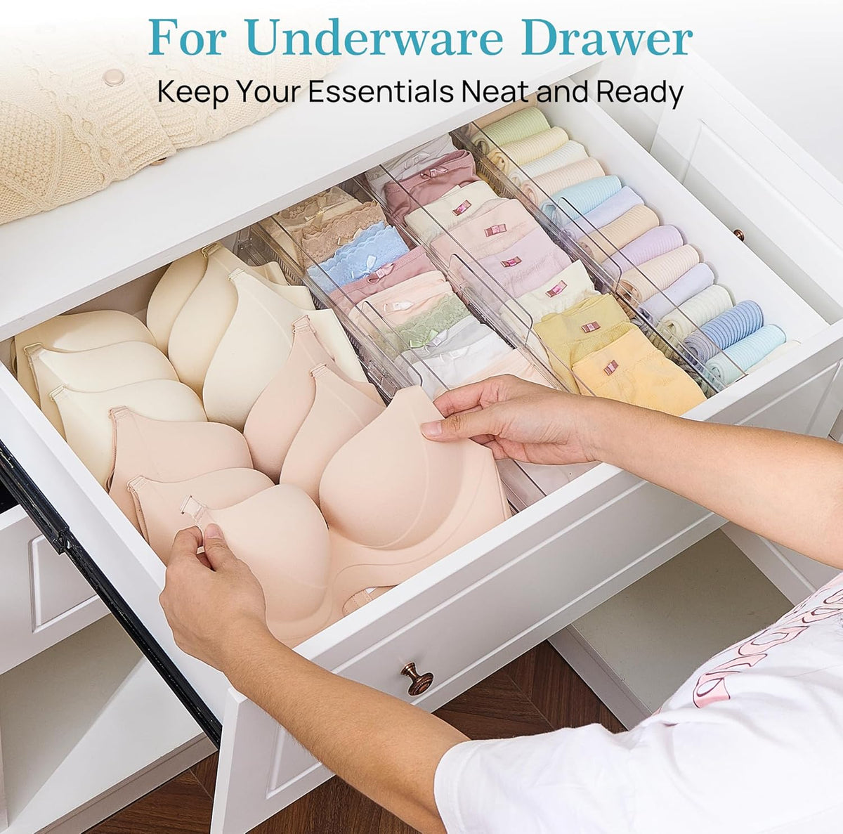 Vtopmart 8 Pack Shallow Drawer Dividers, 2.36" High 12.5"-20.8" Adjustable Expandable Kitchen Drawer Organizer, Clear Plastic Organizer Separators for Flatware, Utensil, Cutlery, Underwear, Clothes
