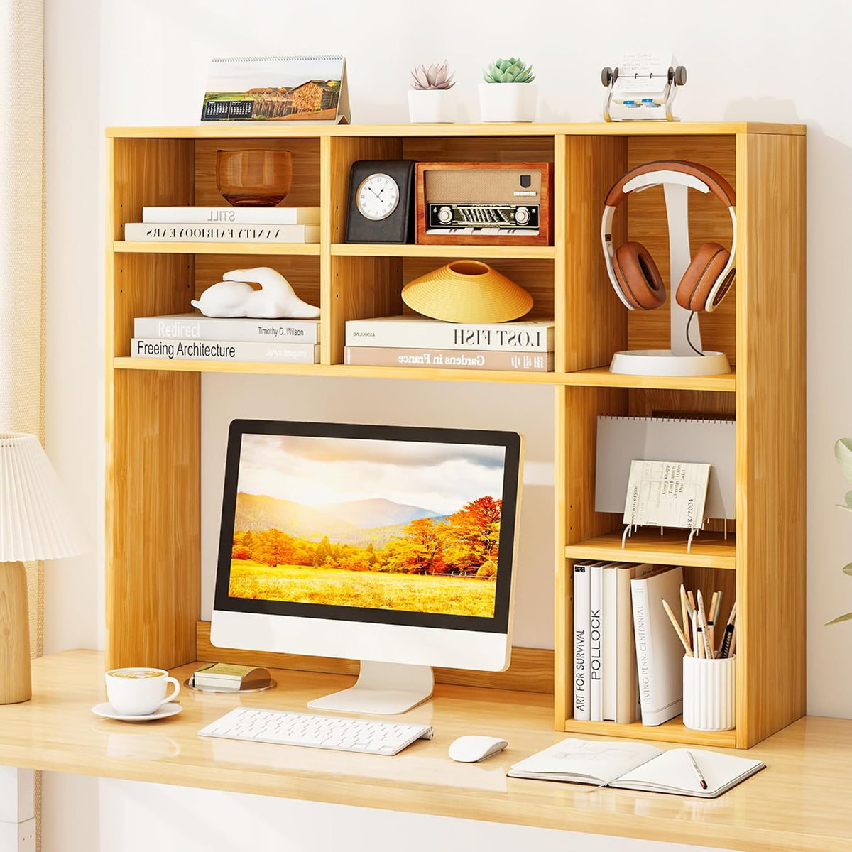 Desktop Bookshelf, Countertop Storage Hutch with 5 Shelves for Computer Desk, Desk 3-Tier Display Rack, Multipurpose Wood Desktop Hutch Storage Organizer for Dorm Office Home