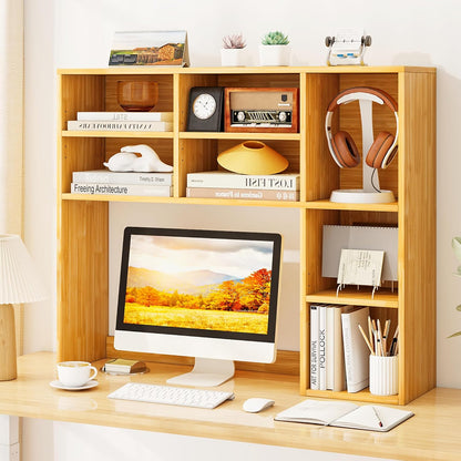 Desktop Bookshelf, Countertop Storage Hutch with 5 Shelves for Computer Desk, Desk 3-Tier Display Rack, Multipurpose Wood Desktop Hutch Storage Organizer for Dorm Office Home