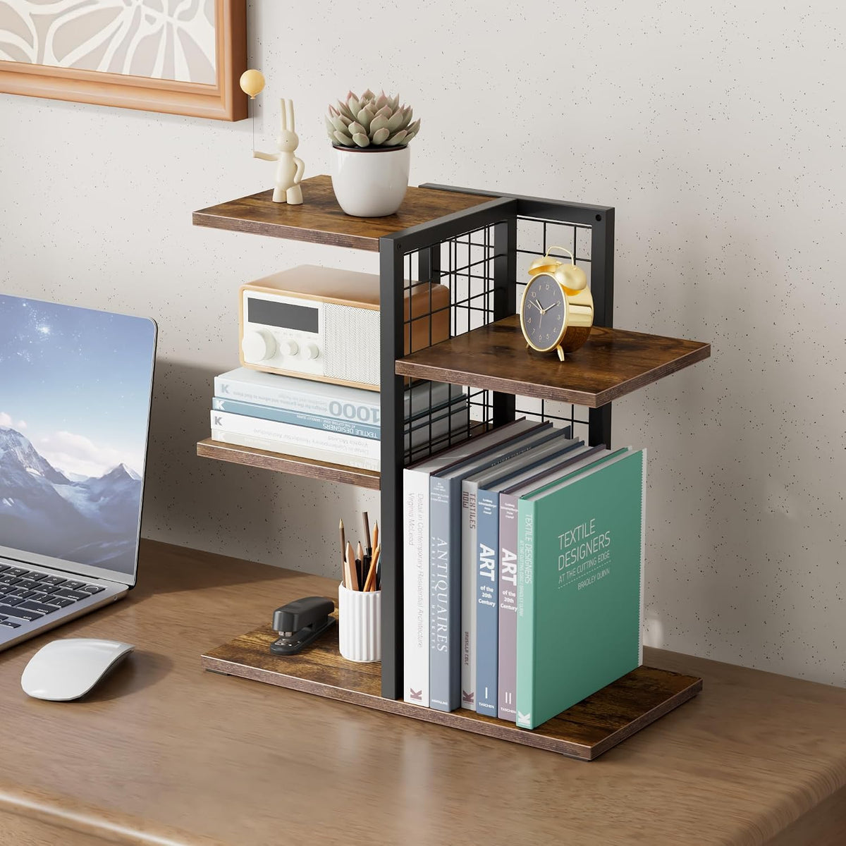4 Tier Desk Shelf Organizer, Desk Shelf for Top of Desk,Adjustable Tabletop Bookshelf Wood Desktop Shelf for Home Office Dorm, Brown