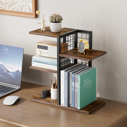 4 Tier Desk Shelf Organizer, Desk Shelf for Top of Desk,Adjustable Tabletop Bookshelf Wood Desktop Shelf for Home Office Dorm, Brown