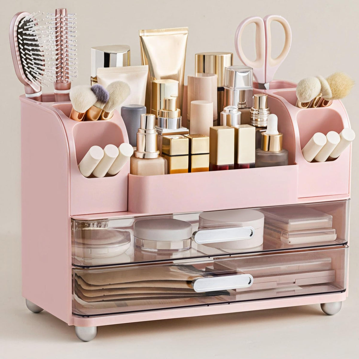 HBlife Makeup Organizer for Vanity with Brush Holder, Large Bathroom Countertop Cosmetic Organizer Skin Care Storage, Easy to Store Lipsticks, Nail Polishes, Perfumes, Eyeshadow Palettes, All White