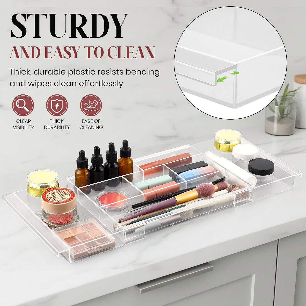2pack Shallow Expandable Drawer Organizer, Adjustable 12.5”–20” Clear Plastic Drawer Organizer Tray for Vanity Bathroom Desk Kitchen Drawers, Multi Compartment Storage