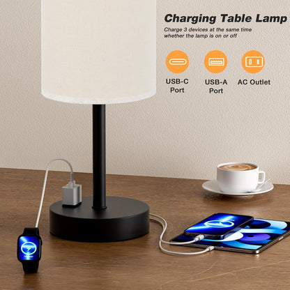 Fenmzee Bedside Table Lamp for Bedroom - Dimmable Touch, USB A+C, AC Outlet