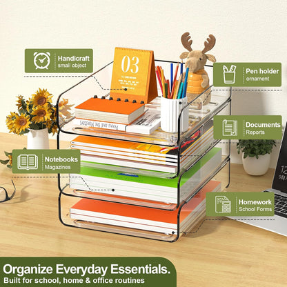 FANXIYQ 4-Tier Acrylic Paper Tray Organizer, Clear Stackable Desk File Organizer for Documents, Files, Letters, A4 Paper, Books, Notes, Mail & Paper Storage, Office Classroom Home
