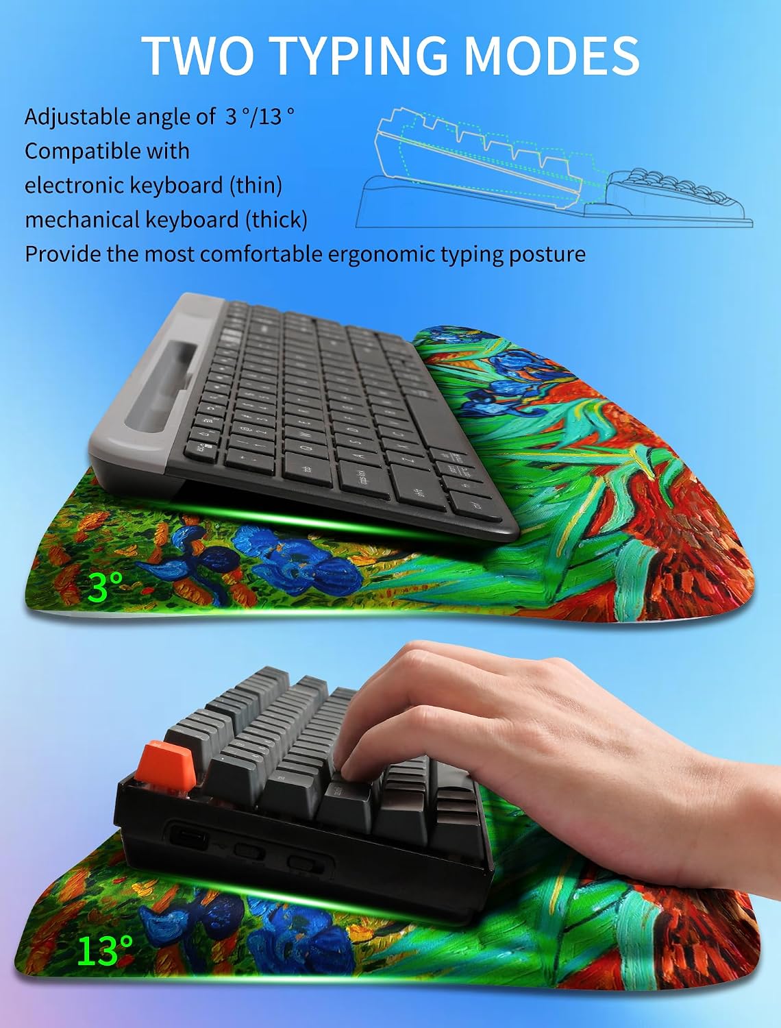 Ergonomic Wave Wrist Rest with Keyboard Stand, Cushioned Palm Rest, Comfortable Integrated Memory Foam for Natural Typing and Relieve Wrist Pain, Dark Night Black