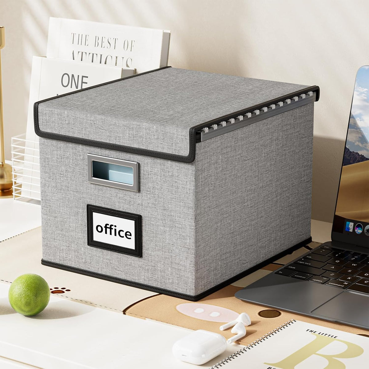 Upgraded Portable File Organizer Box with Lid, Collapsible Linen Hanging Filing Storage Boxes with Plastic Slides, Decorative Home/Office Filing System Box for File and Folders Storage (Gray)