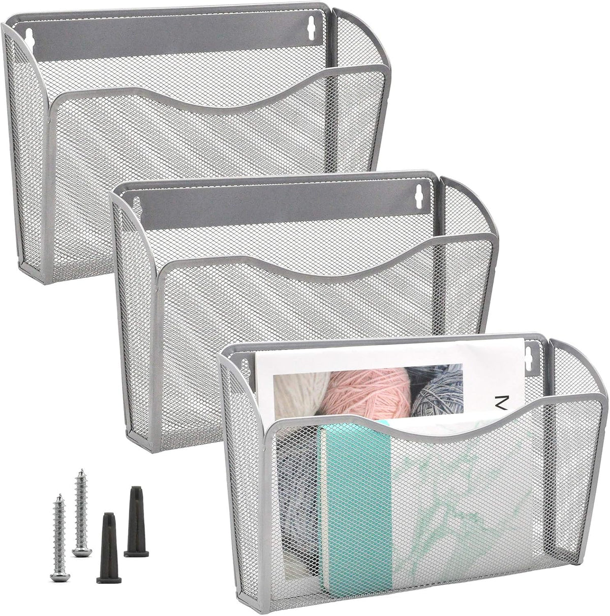 EASEPRES 3 Single Pocket Mesh Hanging File Organizer, Vertical Wall Mounted Magazine File Holder, Mount Basket Mail Paper Document Folder Organizing for Office, Home and School, Black