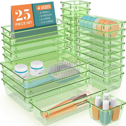 WOWBOX 25 PCS Clear Plastic Drawer Organizer Set, 4 Sizes Desk Drawer Divider Organizers and Storage Bins for Makeup, Jewelry, Gadgets for Kitchen, Bedroom, Bathroom, Office
