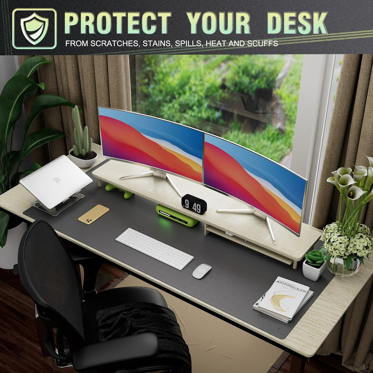 K KNODEL Large Office Leather Desk Mat, Mouse and Keyboard Pad, Computer and Laptop Mat, Desktop Protector and Cover, Writing Pad and Blotter (31.5"x15.7", Black)