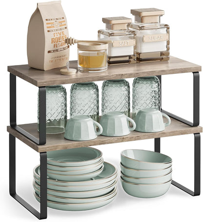 SONGMICS Cabinet Organizer Shelf, Set of 4 Kitchen Counter Shelves, Kitchen Storage, Spice Rack, Stackable, Expandable, Metal and Engineered Wood, Cloud White and Natural Beige UKCS010N01
