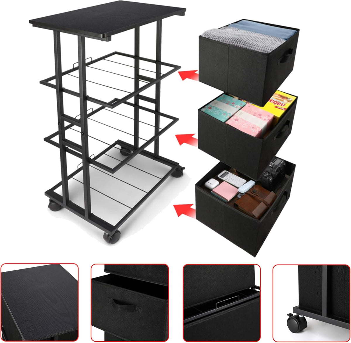 Dresser Storage with 3 Drawers, Fabric Dresser Tower, Vertical Storage Unit for Bedroom, Closet, Office, Black