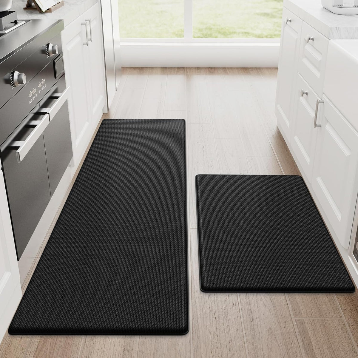 StepRite Kitchen Mats, 2PCS Kitchen Rugs, Cushioned Anti Fatigue Kitchen Mats for Floor, Non-Slip Standing Desk Mat, Waterproof Kitchen Rug Set for Kitchen, Floor, Office, 17.3"x30"+17.3"x47", Black