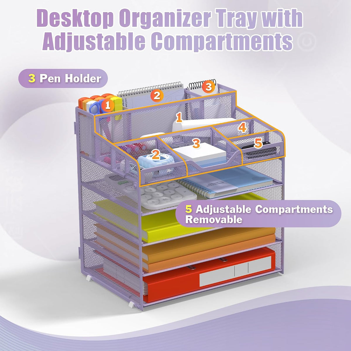 Docnest 5 Tier Mesh Desk Organizer for Paper Office Supplies – Multi-Functional Letter Tray with 5 Adjustable Compartments, 3 Pen Holders, Desktop Storage for Files, Mail, Stationery – Black