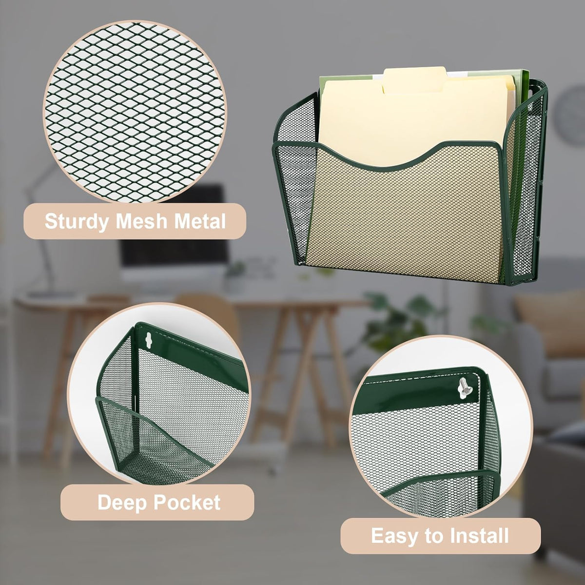 EASEPRES 3 Single Pocket Mesh Hanging File Organizer, Vertical Wall Mounted Magazine File Holder, Mount Basket Mail Paper Document Folder Organizing for Office, Home and School, Black