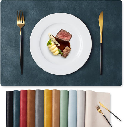 MOSAYT Vinyl Placemats Set of 6-12 X 17 Inch - Faux Leather 100% Waterproof Oil-Proof Wipeable PU Place Mats, Heat Resistant Reversible Table Mats for Kitchen, Dining, Outdoor, Reddish Brown