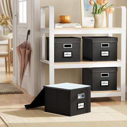 Upgraded Portable File Organizer Box with Lid, Collapsible Linen Hanging Filing Storage Boxes with Plastic Slides, Decorative Home/Office Filing System Box for File and Folders Storage (Gray)