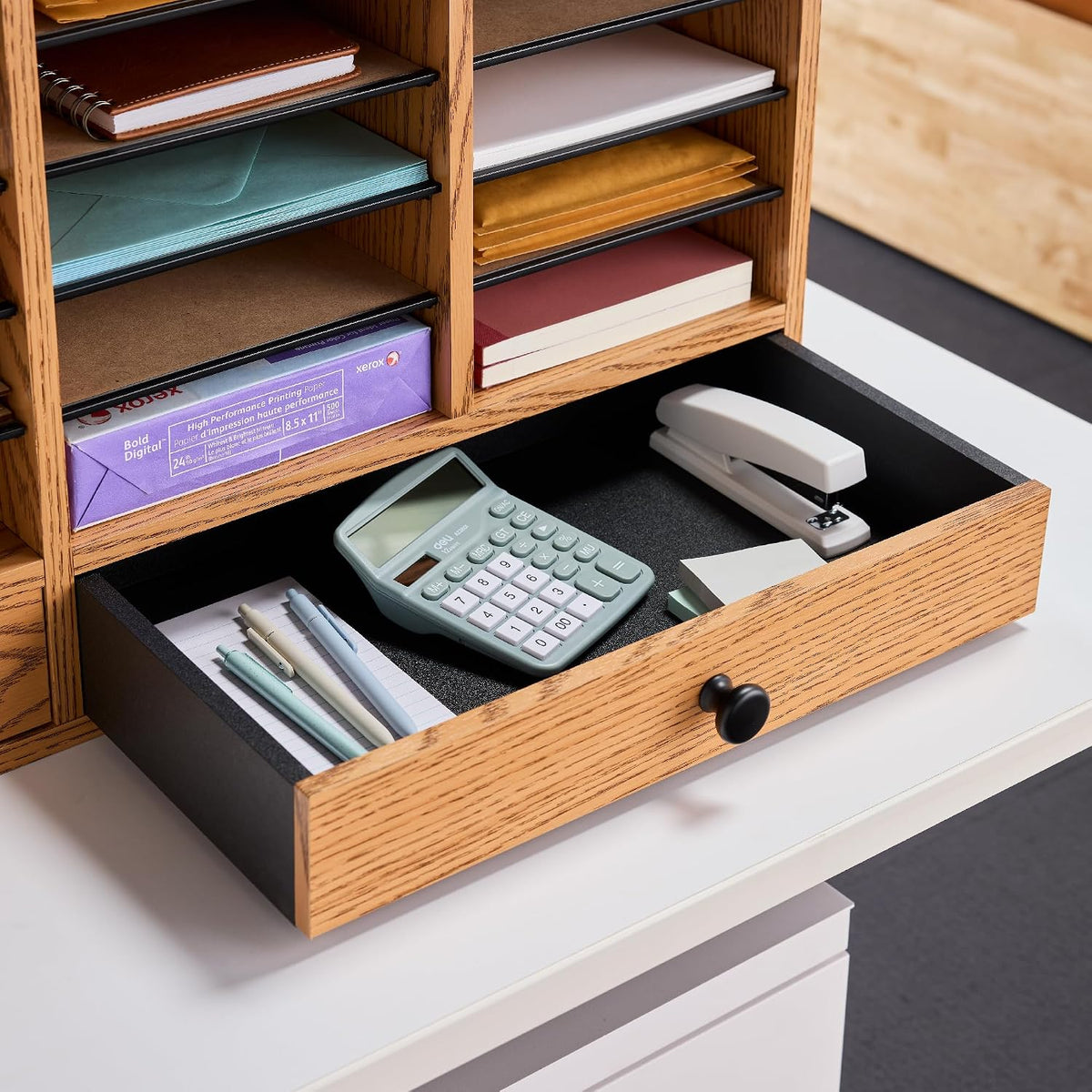 Safco 9422GR Wood Adjustable Literature & Paper Organizer, 16 Adjustable Compratment, Stackable Durable Construction, Home, Office, Mailroom, Classroom Mailbox , Gray