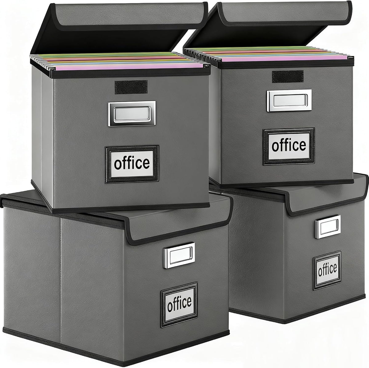 Upgraded Portable File Organizer Box with Lid, Collapsible Linen Hanging Filing Storage Boxes with Plastic Slides, Decorative Home/Office Filing System Box for File and Folders Storage (Gray)