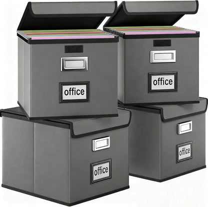 Upgraded Portable File Organizer Box with Lid, Collapsible Linen Hanging Filing Storage Boxes with Plastic Slides, Decorative Home/Office Filing System Box for File and Folders Storage (Gray)