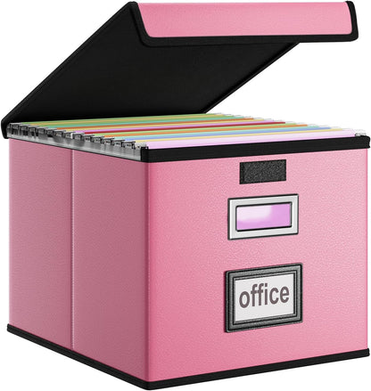 Upgraded Portable File Organizer Box with Lid, Collapsible Linen Hanging Filing Storage Boxes with Plastic Slides, Decorative Home/Office Filing System Box for File and Folders Storage (Gray)
