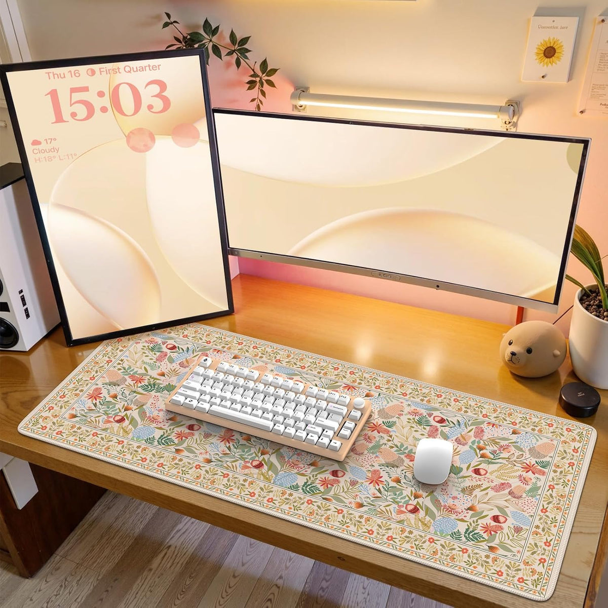 Desk Mat,Mouse Pad for Office Desk,35.4x15.7in,Pink Flowers