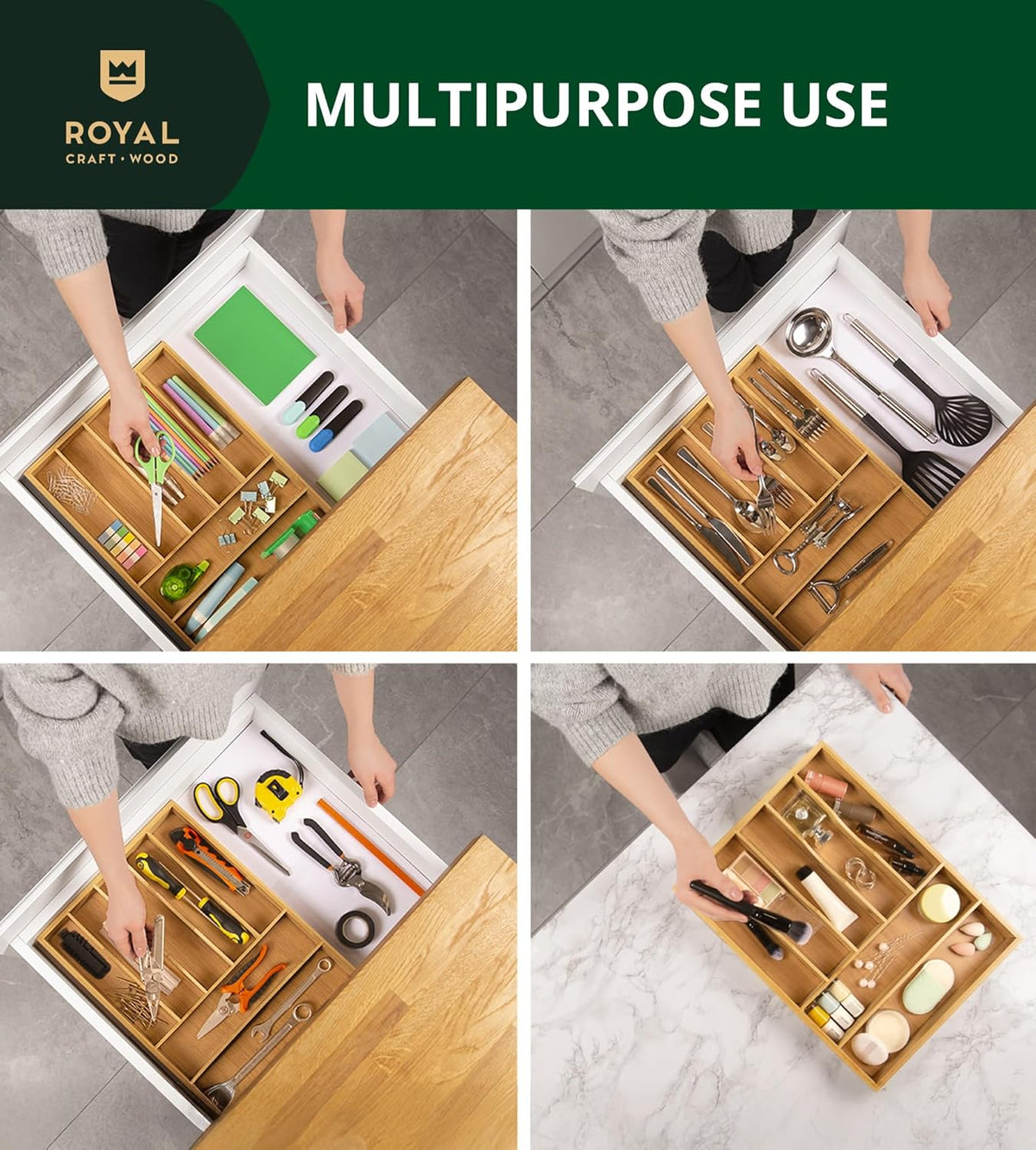 ROYAL CRAFT WOOD Luxury Bamboo Kitchen Drawer Organizer - Silverware Organizer, Utensil Holder & Cutlery Tray Drawer Dividers for Flatware (9 Slot, Natural)