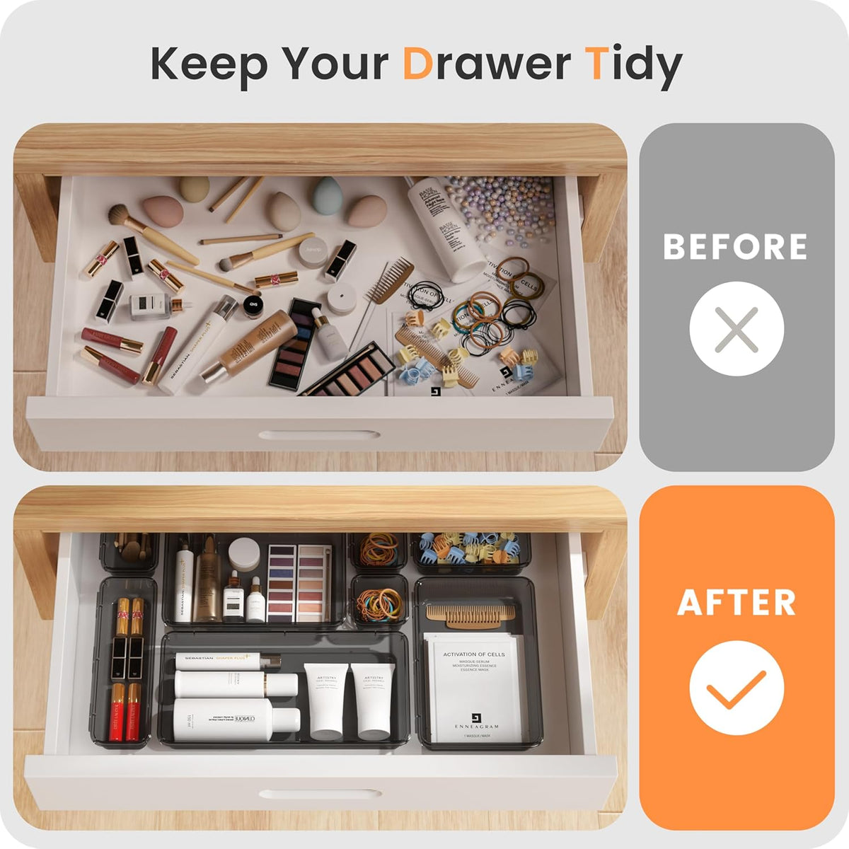 A-LuGei 【Military Grade】 Drawer Organizer, 【𝟱𝗦𝗶𝘇𝗲】 Makeup organizer, 【Holds 177 Items】 Bathroom Organizers and Storage, Organization and Storage, Desk Drawer Organizer for Vanity (Clear)