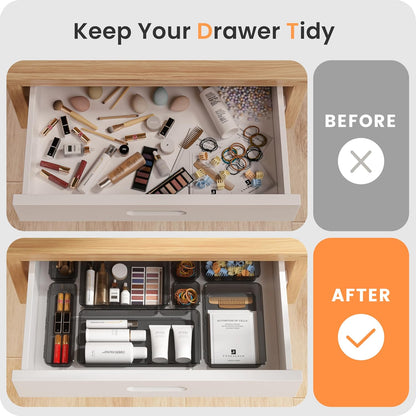 A-LuGei 【Military Grade】 Drawer Organizer, 【𝟱𝗦𝗶𝘇𝗲】 Makeup organizer, 【Holds 177 Items】 Bathroom Organizers and Storage, Organization and Storage, Desk Drawer Organizer for Vanity (Clear)