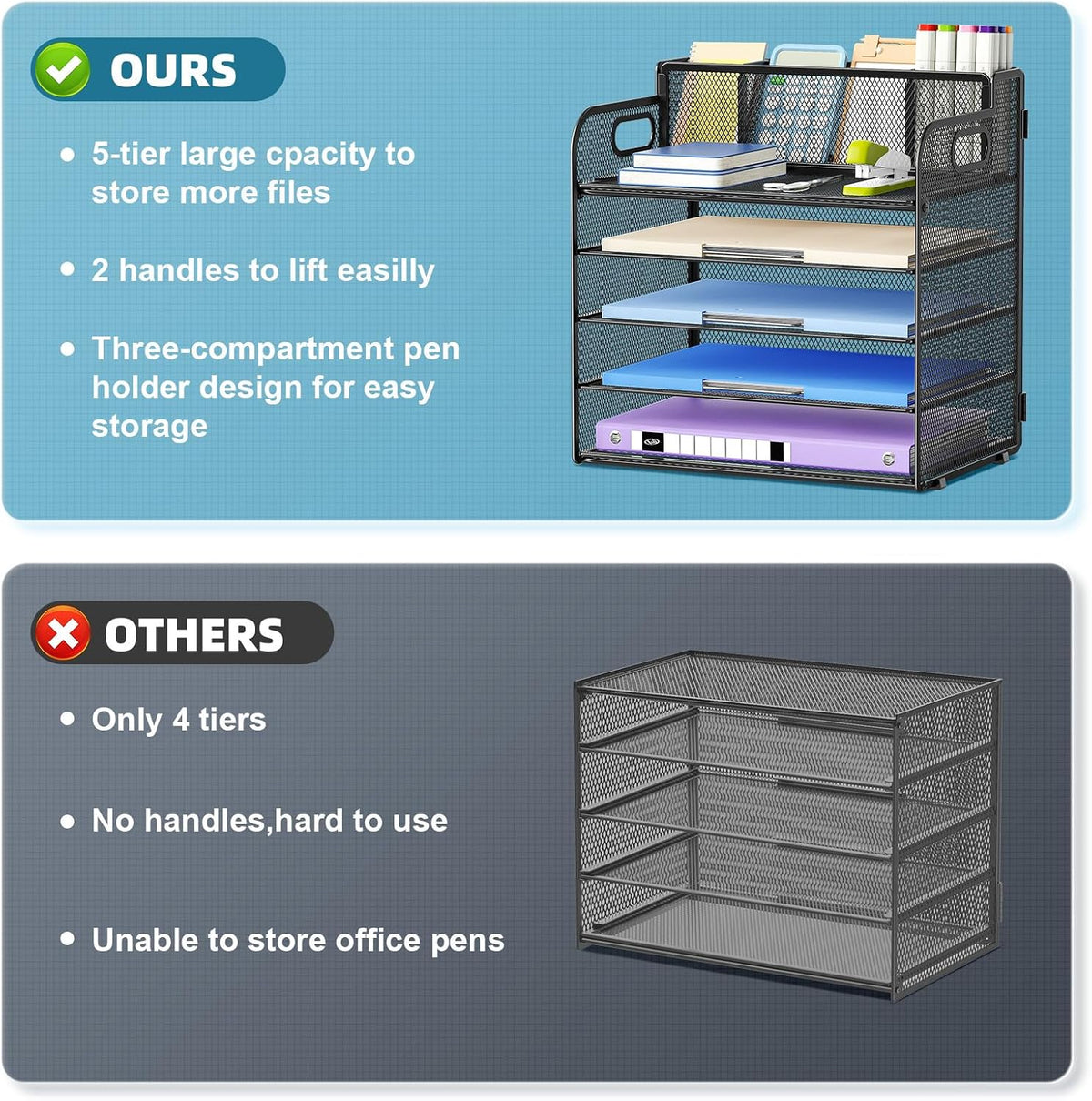 Marbrasse 5 Tier Paper Organizer Letter Tray, Mesh Desk File Organizer with Handle, Paper Sorter Desk Organizer for Home Office Supplies - Black, Adjustable