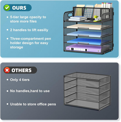 Marbrasse 5 Tier Paper Organizer Letter Tray, Mesh Desk File Organizer with Handle, Paper Sorter Desk Organizer for Home Office Supplies - Black, Adjustable