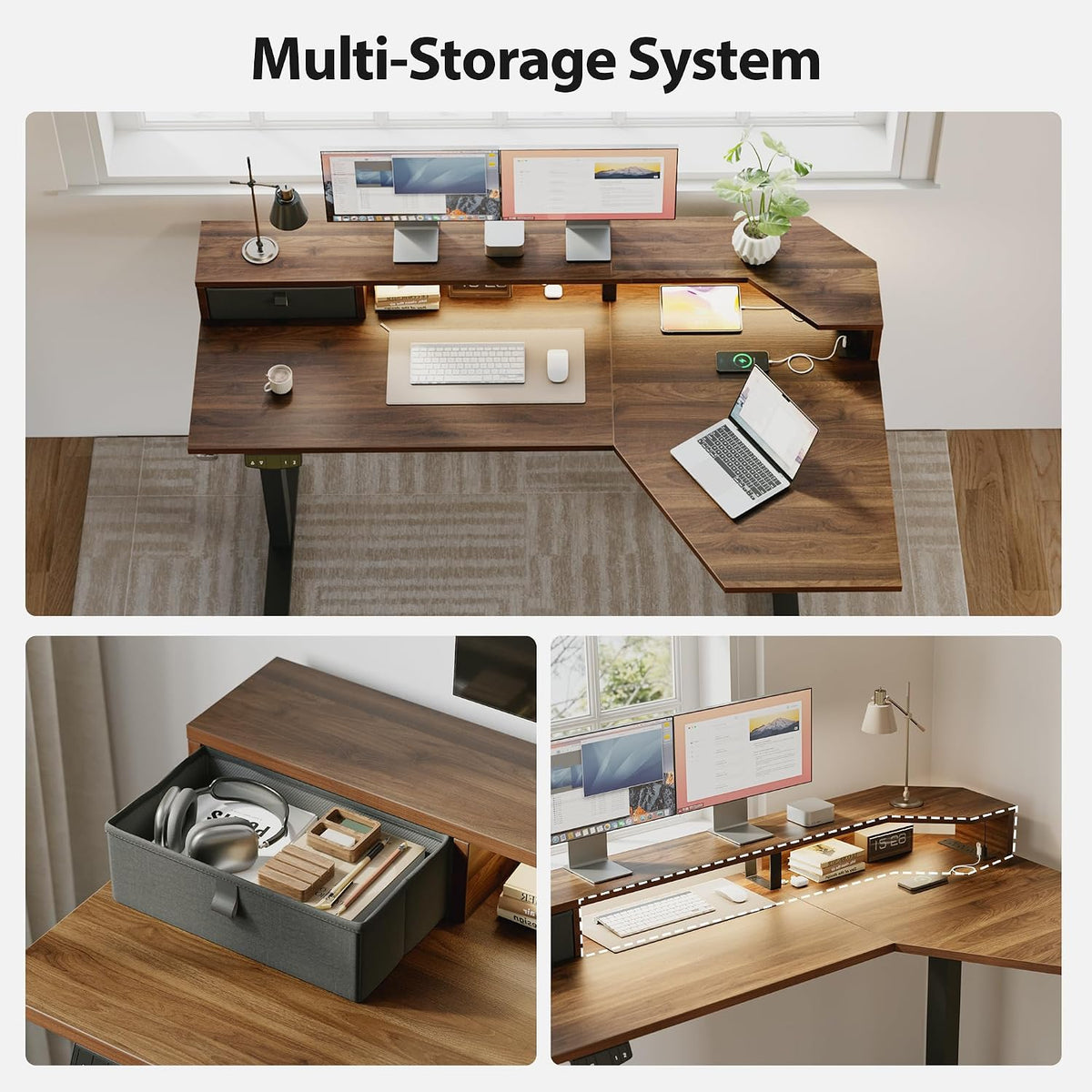 48 * 24 Inch Electric Standing Desk with Shelf & Led, Dark Walnut