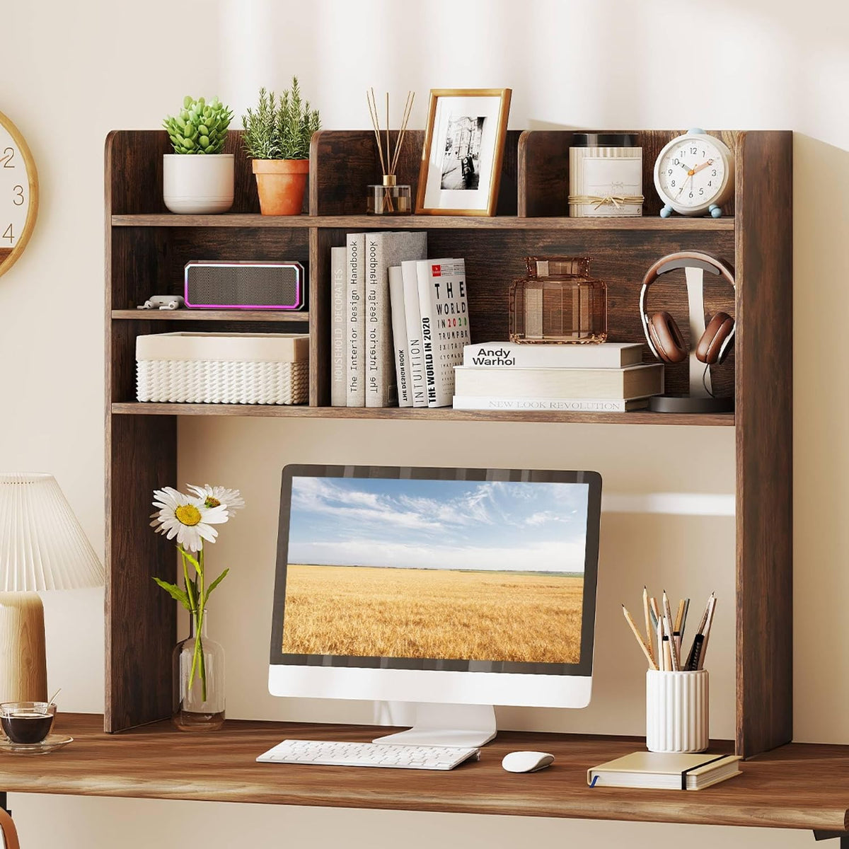 Desktop Bookshelf, Countertop Storage Hutch with 5 Shelves for Computer Desk, Desk 3-Tier Display Rack, Multipurpose Wood Desktop Hutch Storage Organizer for Dorm Office Home
