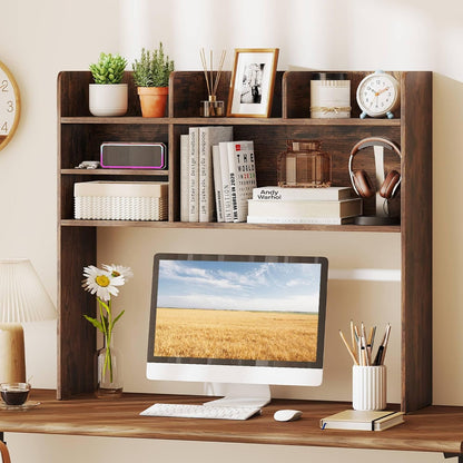 Desktop Bookshelf, Countertop Storage Hutch with 5 Shelves for Computer Desk, Desk 3-Tier Display Rack, Multipurpose Wood Desktop Hutch Storage Organizer for Dorm Office Home