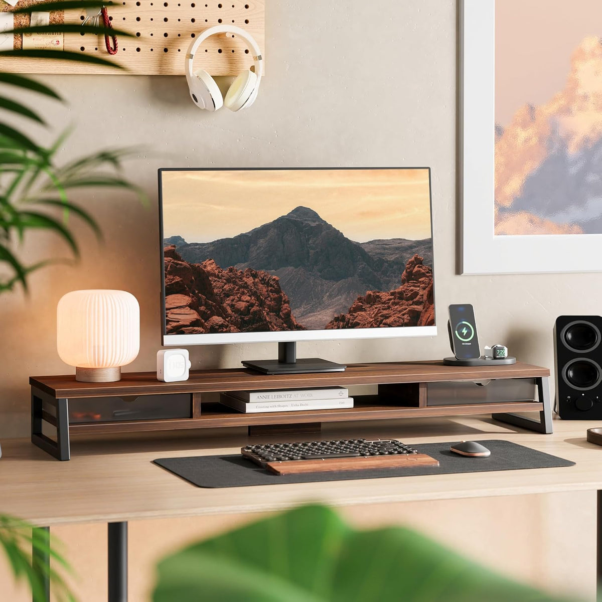 Fenge Dual Monitor Stand, Monitor Riser with Drawer, 42.5 Inch Large Computer Monitor Stand for 2 Monitors, 2 Tier Wooden Desk Shelf for Top of Desk